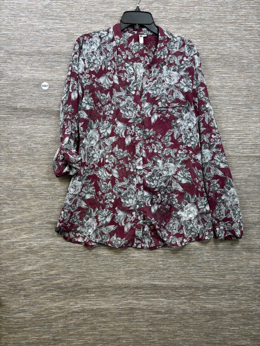 Kut from the Kloth Burgundy Gray Sheer Floral Top Blouse Shirt XL Long Sleeve